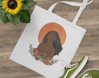 Girl in Sun with Flowers Tote Bag, Autumn Bag, Everyday Bag, Floral Reusable Bag, Reusable Tote Bag, Sun Bag, Flower Bag, Cotton Bag