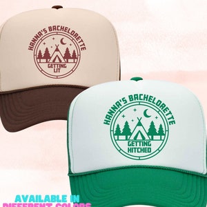 Camp Bachelorette Hats, Custom Bride Babe Trucker Hats, Getting Hitched Getting Lit Camp Bachelorette Party Hats, Camping Cabin Bachelorette