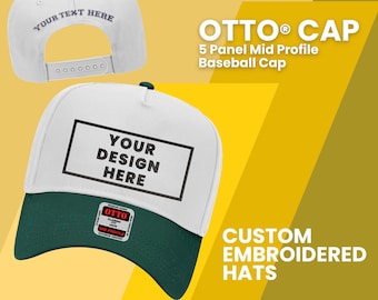 Custom 5 Panel Structured Hat, Personalized Embroidered Logo Text Front And Back Baseball Hats, OTTO® CAP 5 Panel Mid Profile Baseball Cap