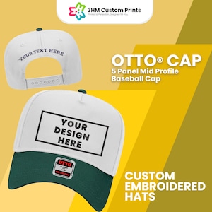 Custom 5 Panel Structured Hat, Personalized Embroidered Logo Text Front And Back Baseball Hats, OTTO® CAP 5 Panel Mid Profile Baseball Cap