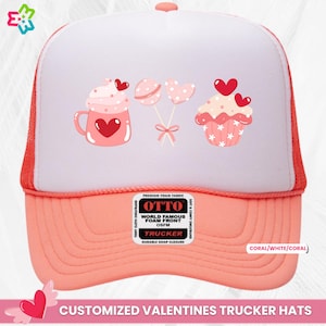 Valentines Trucker Hat, Sweet Candies Trucker Cap, Cute Valentines Cupcake Lollipop Hot Chocolate Coffee Trucker Cap, Baker Headwear Outfit