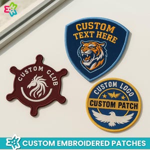 May include: Three embroidered patches: a maroon star-shaped patch with a white horse head and text, a blue shield-shaped patch with an orange tiger head and text, and a circular blue and yellow patch with a white eagle and text.