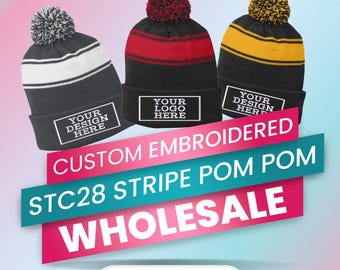 Custom Beanie Embroidered Logo Winter Hat, Personalized Sorority Merch, Corporate Gifts, Customized Text/Logo Stripe Color w/ Pompom Beanies