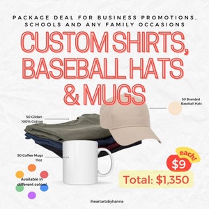 Custom Logo Shirts, Baseball Hats and Mugs Bundle, Package Deal for Business Promotions, Events, Schools or any Family Occasions, Full Color