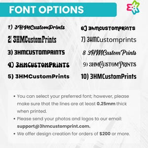 K&ouml;nnte beinhalten: Ein wei&szlig;er Hintergrund mit schwarzem Text, der 10 verschiedene Schriftarten f&uuml;r den Text "3HMCustomPrints" auflistet. Der Text umfasst eine Vielzahl von Schriftstilen, darunter fett, kursiv und Gro&szlig;buchstaben. Der Text enth&auml;lt auch einen Hinweis auf die minimale Linienst&auml;rke f&uuml;r den Druck und eine E-Mail-Adresse f&uuml;r den Support.
