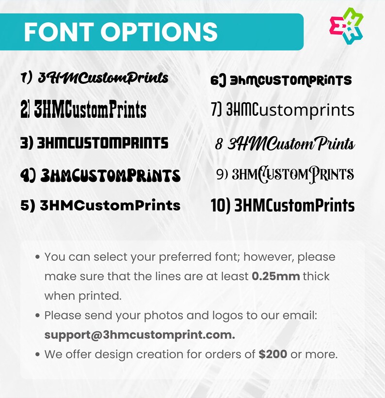 K&ouml;nnte beinhalten: Ein wei&szlig;er Hintergrund mit schwarzem Text, der 10 verschiedene Schriftarten f&uuml;r den Text "3HMCustomPrints" auflistet. Der Text umfasst eine Vielzahl von Schriftstilen, darunter fett, kursiv und Gro&szlig;buchstaben. Der Text enth&auml;lt auch einen Hinweis auf die minimale Linienst&auml;rke f&uuml;r den Druck und eine E-Mail-Adresse f&uuml;r den Support.