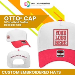 May include: White and red Otto baseball caps with custom embroidery options. The caps feature a white crown and a red brim. One cap displays "YOUR LOGO HERE" in a red square. Another shows "YOUR TEXT HERE" on the back. The image also includes the text "CUSTOM EMBROIDERED HATS".