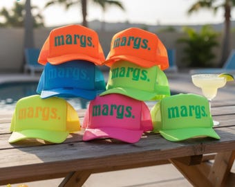 Margarita Hat, Margs Puff Custom Trucker Hats, Girls Night Out Party Hat, Neon Bachelorette Party, Bridal Shower Favors, Retro Birthday Hats