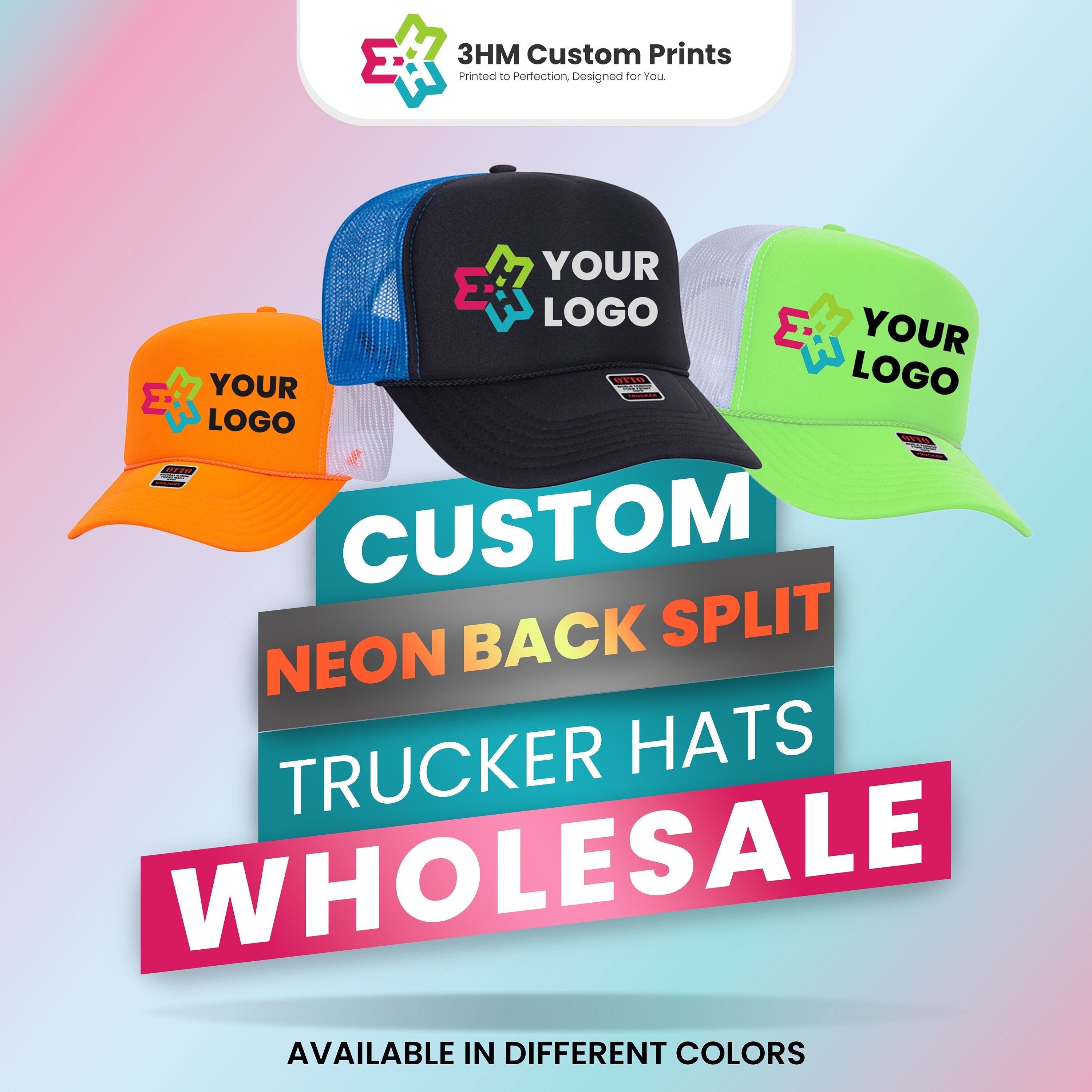 Sequins Printing Neon Foam Mesh Back Adjustable Trucker Hat One Size Blue Billed Tricolor Foam Trucker Hat main image 4