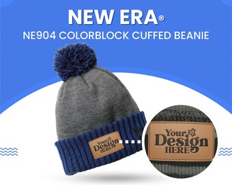 Leather Patch Beanies, Custom Winter Hats, Color block Cuffed Beanie,  NE904 Customized Logo or Text Hats