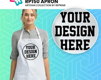 Puede incluir: Delantal blanco con texto negro que dice "Your Design Here" en la parte delantera. El delantal lo lleva puesto una persona. El fondo es un patrón geométrico turquesa y blanco.