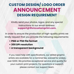 Design requirements for custom logo orders including PNG or PSD file format, 300 DPI, and transparent background. Contact info: support@3hmcustomprint.com.