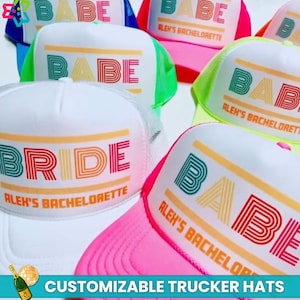 Bachelorette Hats, Bride Trucker Hat, Bride Babe Trucker Hats, Bride's Babe Neon Colors and Bride White Trucker Hat, Retro Bach Beach Party