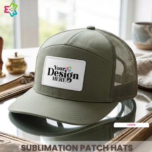 7 Panel Hat Custom Richardson 168 with Full Color Embroidered Patch Logo Mesh Trucker Hat, Sublimation Patch Hats Bulk, Business Logo Hats