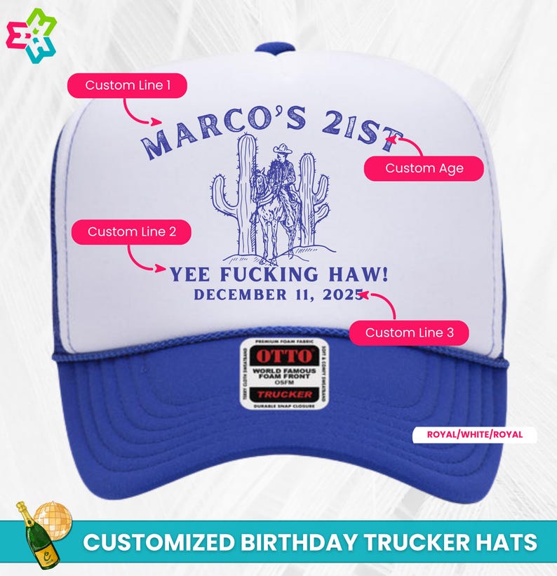 Puede incluir: Gorra de camionero azul real y blanca con el texto "MARCO'S 21ST" y una ilustraci&oacute;n de vaquero. La gorra presenta el texto "YEE FUCKING HAW!" y "DECEMBER 11, 2025". La gorra tiene una parte delantera de espuma y un cierre a presi&oacute;n.
