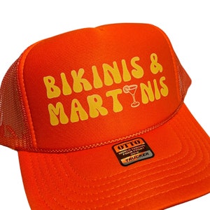 Trucker Hats, Bikinis and Martinis Orange Trucker Hat, Night Party Hat, Girls Night Out Matching Hats, Beach Martini Bachelorette Party Hat