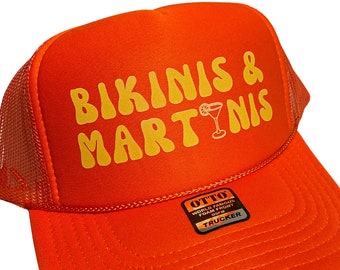 Trucker Hats, Bikinis and Martinis Orange Trucker Hat, Night Party Hat, Girls Night Out Matching Hats, Beach Martini Bachelorette Party Hat