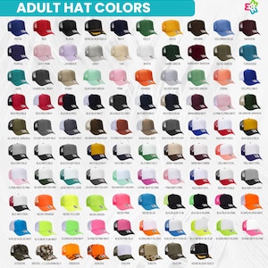 dult foam trucker hat color chart displaying over 80 color combinations including royal blue, red, black, gold, pink, neon, camo, and two-tone options. Great for custom hat selections.