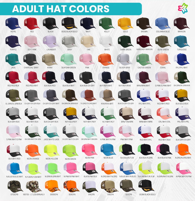 dult foam trucker hat color chart displaying over 80 color combinations including royal blue, red, black, gold, pink, neon, camo, and two-tone options. Great for custom hat selections.