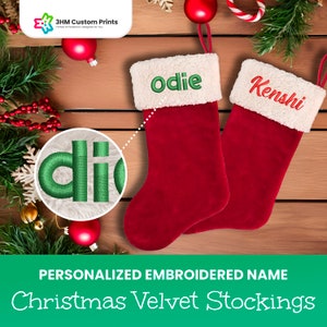 Personalized Christmas Stocking | Custom Embroidered Name in Christmas Red Velvet Faux Stockings | Family Stockings | Christmas Gift Ideas