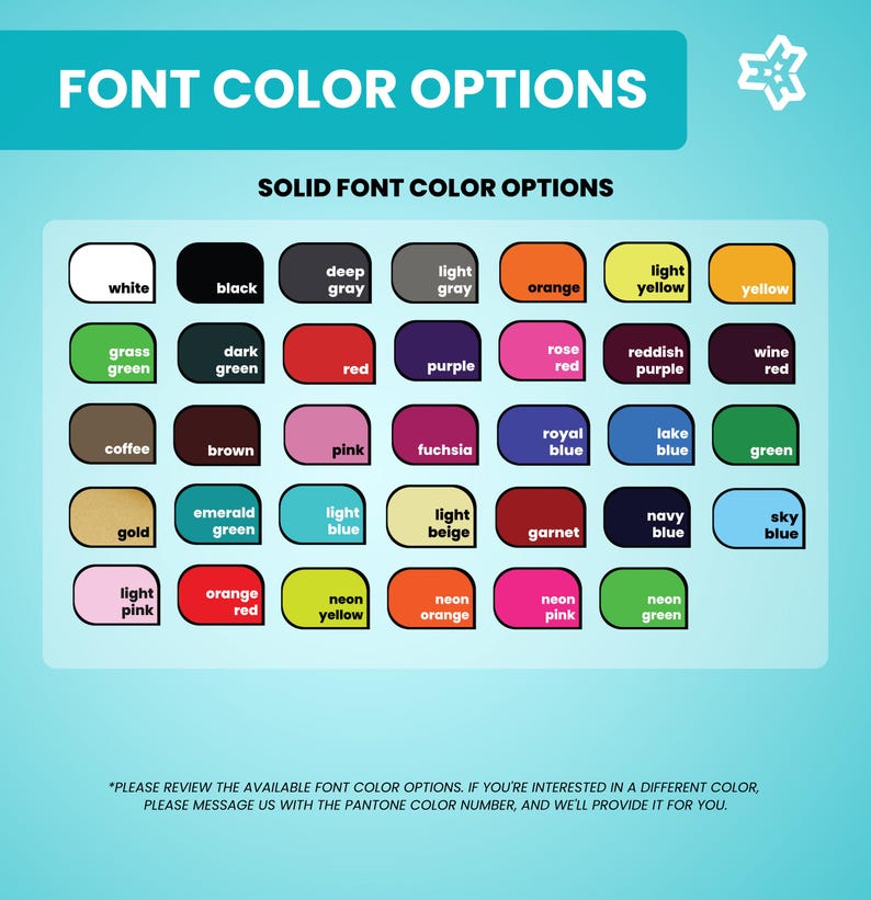 K&ouml;nnte beinhalten: Eine Tabelle mit einer Vielzahl von Optionen f&uuml;r feste Schriftfarben f&uuml;r ein Designprojekt. Die Farben sind in Reihen und Spalten angeordnet, wobei jede Farbe durch ein kleines Quadrat dargestellt wird. Die Farben umfassen Wei&szlig;, Schwarz, Dunkelgrau, Hellgrau, Orange, Hellgelb, Gelb, Grasgr&uuml;n, Dunkelgr&uuml;n, Rot, Lila, Rosenrot, R&ouml;tliches Lila, Weinrot, Kaffee, Braun, Rosa, Fuchsia, K&ouml;nigsblau, Seegr&uuml;n, Gr&uuml;n, Gold, Smaragdgr&uuml;n, Hellblau, Hellbeige, Granat, Marineblau, Himmelblau, Hellrosa, Orange Rot, Neon Gelb, Neon Orange, Neon Rosa und Neon Gr&uuml;n.