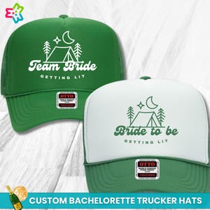 Camp Bachelorette Hats, Custom Bride Babe Trucker Hats, Getting Hitched Getting Lit Camp Bachelorette Party Hats, Camping Cabin Bachelorette