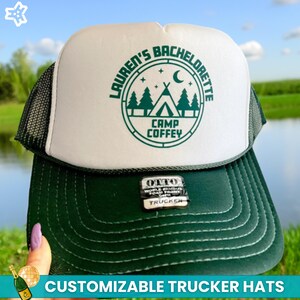 Camp Bachelorette Hats, Custom Bride Babe Trucker Hats, Getting Hitched Getting Lit Camp Bachelorette Party Hats, Camping Cabin Bachelorette