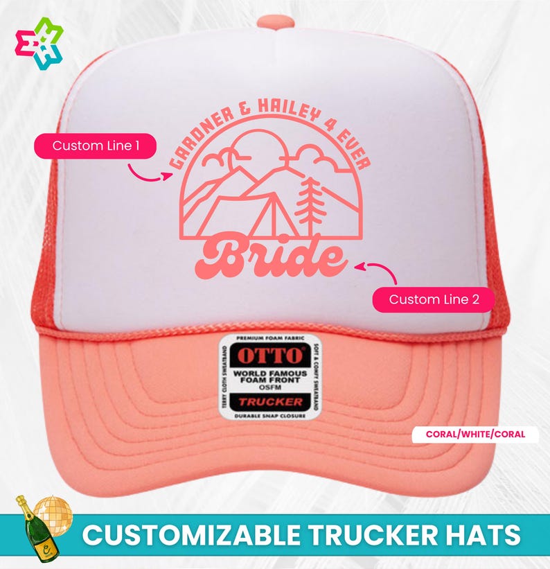 K&ouml;nnte beinhalten: Coralfarbene, wei&szlig;e und korallenfarbene Trucker-Kappe mit einer rosafarbenen Bergszene und dem Text "GARDNER & HAILEY 4 EVER" und "Bride". Die Kappe ist mit zwei Textzeilen anpassbar.
