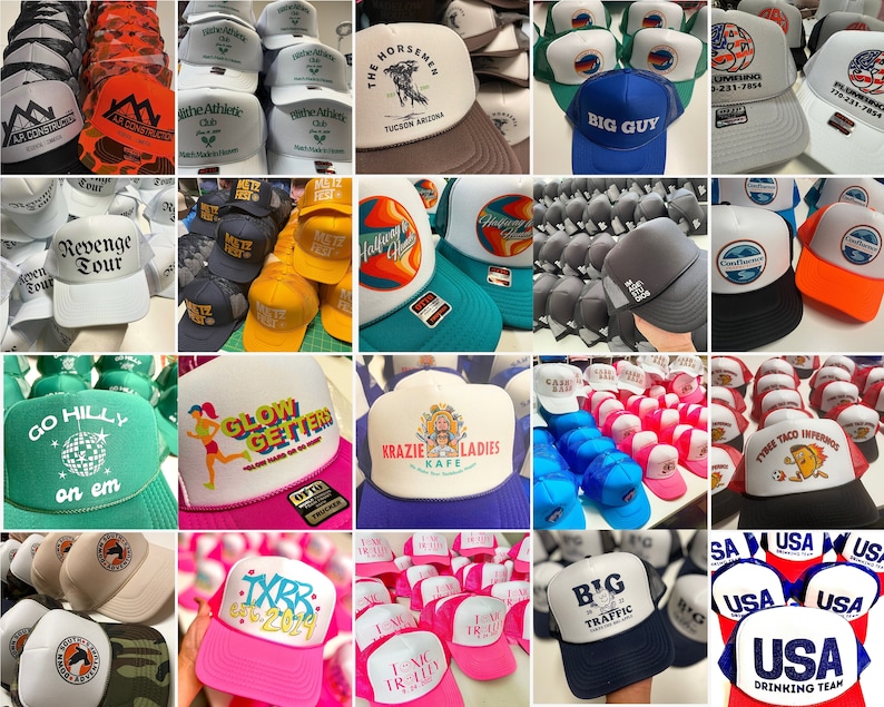 Collage of 20 custom Otto 39-165 trucker hats, each showcasing a unique DTF design or font style. The hats display a variety of colors and themes, demonstrating customization options available through 3HM Custom Prints.