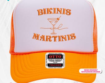 Bikinis & Martinis Trucker Hat – Embroidered Foam Hat for Bachelorette Party, Girls Weekend, Beach Bride, Bridesmaid Gift Idea