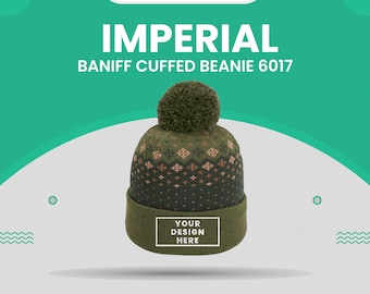 May include: A green and brown knit beanie with a pom pom on top. The beanie has a white label that says "YOUR DESIGN HERE".  The beanie is called "Imperial Baniff Cuffed Beanie 6017".  Custom embroidered hats.