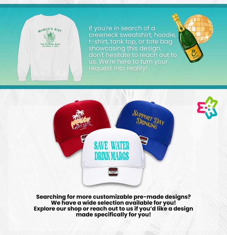 Puede incluir: Una sudadera blanca con texto verde y un dise&ntilde;o de cactus, y tres gorras: roja con un gr&aacute;fico de palmera, azul con "SUPPORT DAY DRINKING" y blanca con "SAVE WATER DRINK MARGS". La imagen tambi&eacute;n incluye texto.