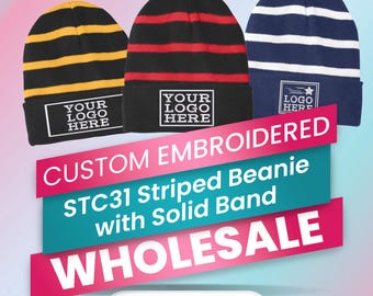 Custom Beanie Embroidered SPORT-TEK STC31 Wholesale, Stripped Beanie, Winter Hat, Sports Team, Corporate Gifts, Personalized Company Beanies
