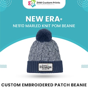 May include: A navy blue and gray marled knit pom beanie with a custom embroidered patch. The beanie features a ribbed cuff and a matching navy blue pom on top. The patch reads "Your Design HERE". The text "NEW ERA" is also visible.