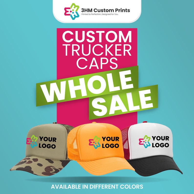 Three Otto 39-165 custom trucker hats in different colors, featuring bold text that reads “Custom Trucker Caps Wholesale.” The image includes the 3HM Custom Prints & Embroidery logo and business description, with a note highlighting availability in many colors.
