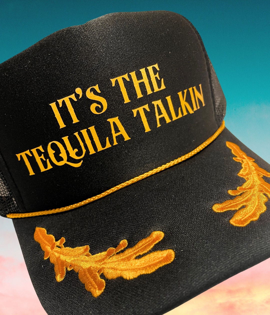 Tequila Talking Trucker Hat, Black and Gold Captain Sailor Hat, Fun and