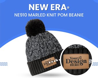May include: A black and gray marled knit beanie with a black pom and a leather patch that says "Your Design Here." The text "NEW ERA" and "NE910 MARLED KNIT POM BEANIE" are also visible.