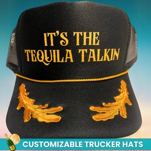 Tequila Talking Nautical Hat, Black and Gold Captain Sailor Hat, Fun and Stylish Party Hat, Girls Custom Bachelorette Partygoers Hats