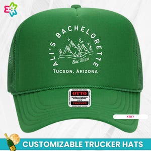 Mountain Camp Bachelorette Hat, Camping Bach Trucker Hat, Custom Bride&#39;s Name and Location Camp Bachelorette Party Hats