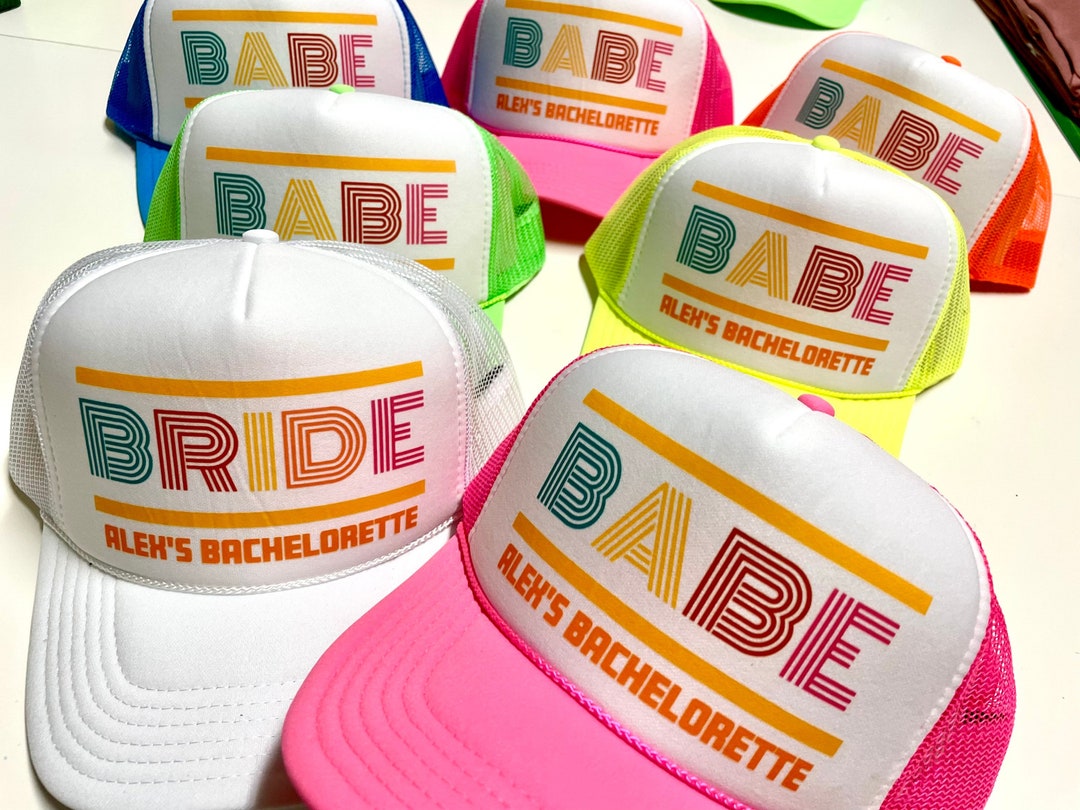 Bachelorette Hats, Bride Trucker Hat, Bride Babe Trucker Hats, Bride's Babe  Neon Colors and Bride White Trucker Hat, Retro Bach Beach Party 