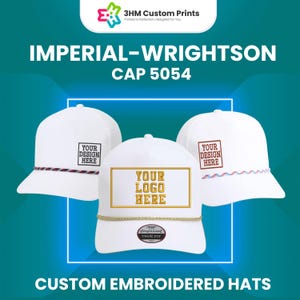 May include: Three white baseball caps with rope trim on the brims. The left cap has a square 'YOUR DESIGN HERE' graphic, the center cap has a rectangular 'YOUR LOGO HERE' embroidery, and the right cap has a square 'YOUR DESIGN HERE' graphic.