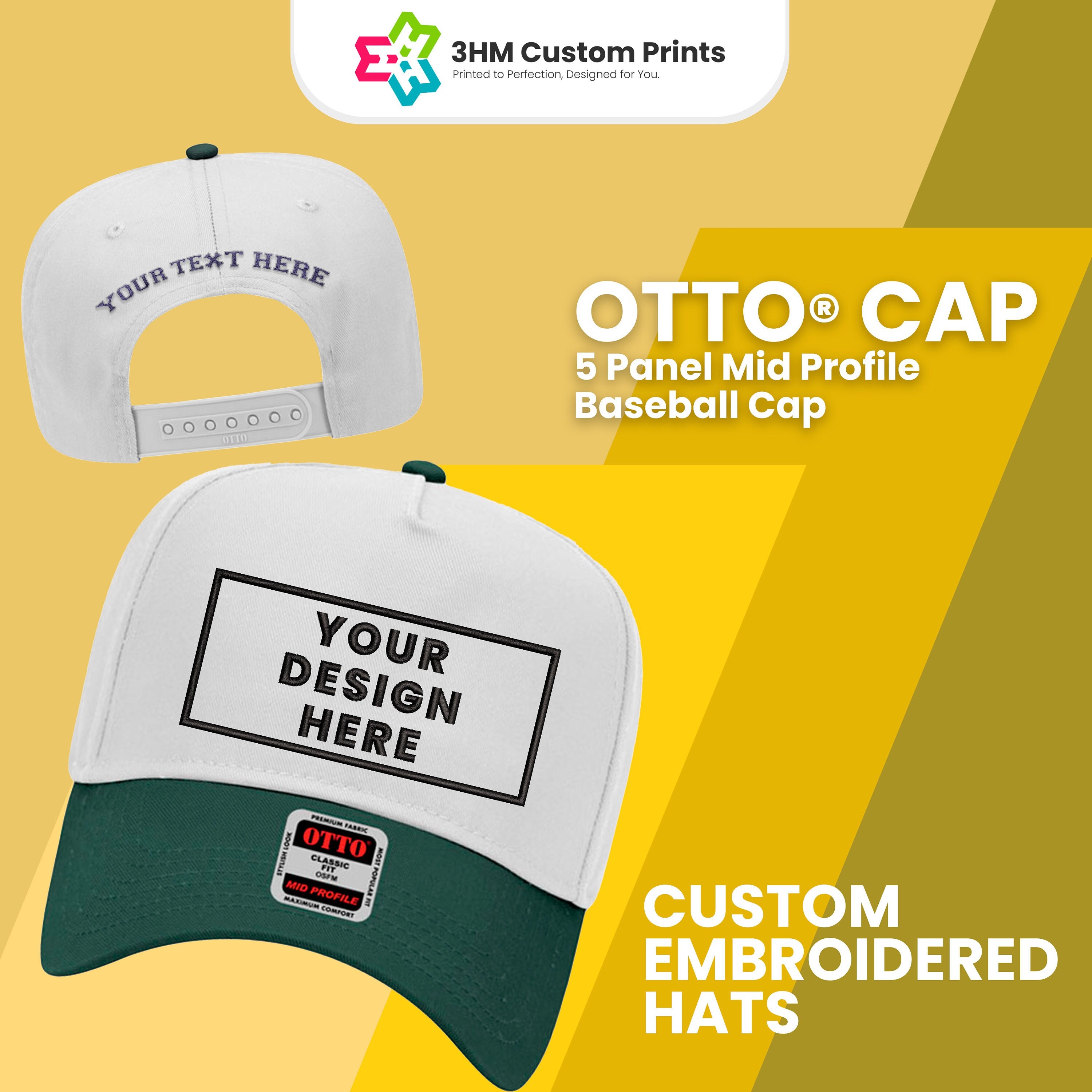 Custom 5 Panel Structured Hat, Personalized Embroidered Logo Text Front And Back Baseball Hats, OTTO® CAP 5 Panel Mid Profile Baseball Cap