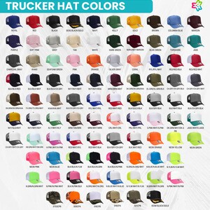 K&ouml;nnte beinhalten: Eine Tabelle, die eine Vielzahl von Farben f&uuml;r Trucker-M&uuml;tzen zeigt. Die M&uuml;tzen sind in Reihen und Spalten angeordnet, wobei jede M&uuml;tze eine andere Farbkombination zeigt. Die Tabelle enth&auml;lt eine Vielzahl von Farben, darunter Rot, Blau, Gr&uuml;n, Schwarz, Wei&szlig; und Pink. Die Tabelle enth&auml;lt auch eine Vielzahl von Farbkombinationen, wie zum Beispiel Schwarz und Wei&szlig;, Rot und Wei&szlig; und Blau und Wei&szlig;.