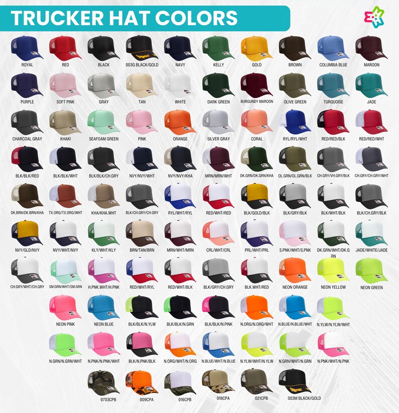 K&ouml;nnte beinhalten: Eine Tabelle, die eine Vielzahl von Farben f&uuml;r Trucker-M&uuml;tzen zeigt. Die M&uuml;tzen sind in Reihen und Spalten angeordnet, wobei jede M&uuml;tze eine andere Farbkombination zeigt. Die Tabelle enth&auml;lt eine Vielzahl von Farben, darunter Rot, Blau, Gr&uuml;n, Schwarz, Wei&szlig; und Pink. Die Tabelle enth&auml;lt auch eine Vielzahl von Farbkombinationen, wie zum Beispiel Schwarz und Wei&szlig;, Rot und Wei&szlig; und Blau und Wei&szlig;.