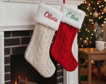 Personalized Christmas Stockings | Custom Embroidered Name in Christmas Knit Stockings | Family Stockings | Christmas Gift Ideas | Red Beige