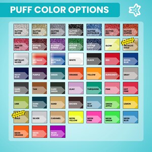Op de afbeelding: Een kleurenkaart met de titel PUFF COLOR OPTIONS die een raster van verschillende kleurstalen toont, inclusief glitter-, metallic-, matte- en neonafwerkingen. Elk vierkant is gelabeld met de bijbehorende kleurnaam, zoals zilver, goud, rood en blauw.