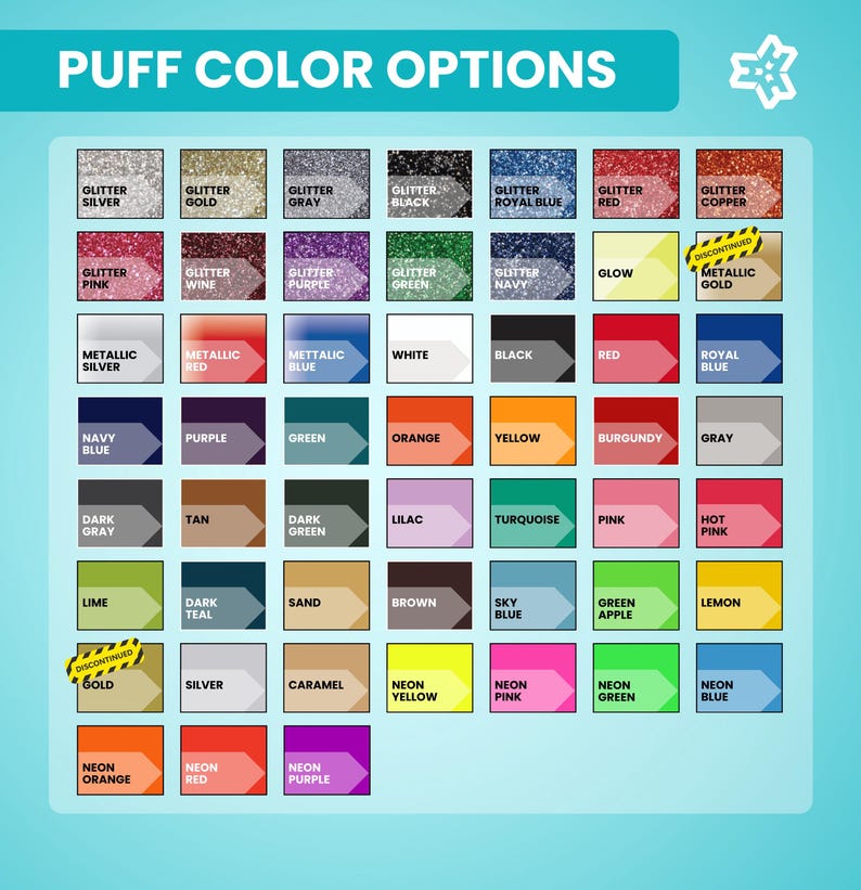 Op de afbeelding: Een kleurenkaart met de titel PUFF COLOR OPTIONS die een raster van verschillende kleurstalen toont, inclusief glitter-, metallic-, matte- en neonafwerkingen. Elk vierkant is gelabeld met de bijbehorende kleurnaam, zoals zilver, goud, rood en blauw.