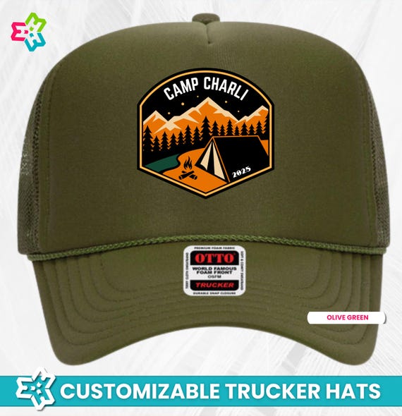 New Custom Designed Olive Green & Tan Mesh Trucker Hat with Blue & Green Flower Half-Moon Outfitters Legacy Flower Trucker Hat main image 2