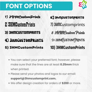 Op de afbeelding: Een lettertype-selectiekaart met tien genummerde stijlen voor de tekst 3HMCustomPrints. De afbeelding bevat instructies om ervoor te zorgen dat lijnen ten minste 0,25 mm dik zijn, een e-mailadres voor het verzenden van logo's en een opmerking over het maken van ontwerpen voor bestellingen van &euro;200 of meer.