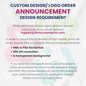 Design requirements for custom logo orders including PNG or PSD file format, 300 DPI, and transparent background. Contact info: support@3hmcustomprint.com.